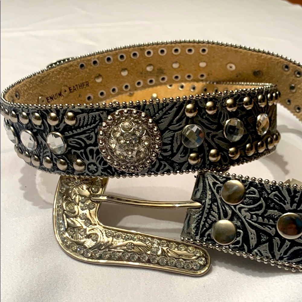 NWT Black and Silver Studded Leather Belt with Ornate Buckle